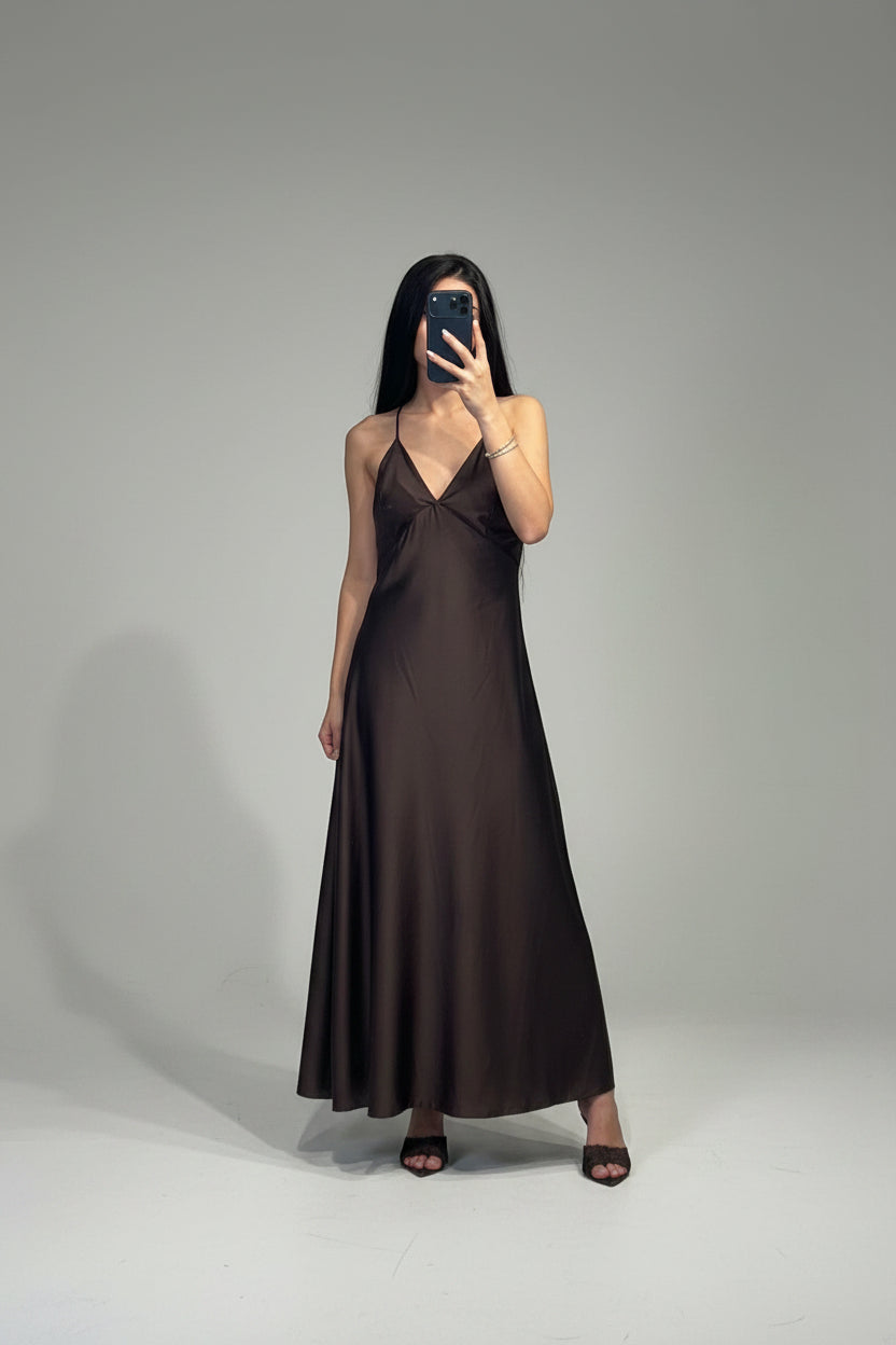 Abito Lungo Donna Satinato con Coppe e Spalline Sottili - Dverso Fashion