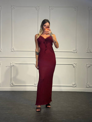 Abito Lungo in Tessuto Operato con Fiocco sul Décolleté, Spalline Sottili - Dverso Fashion