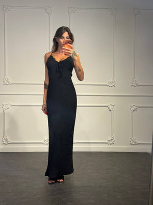 Abito Lungo in Tessuto Operato con Fiocco sul Décolleté, Spalline Sottili - Dverso Fashion