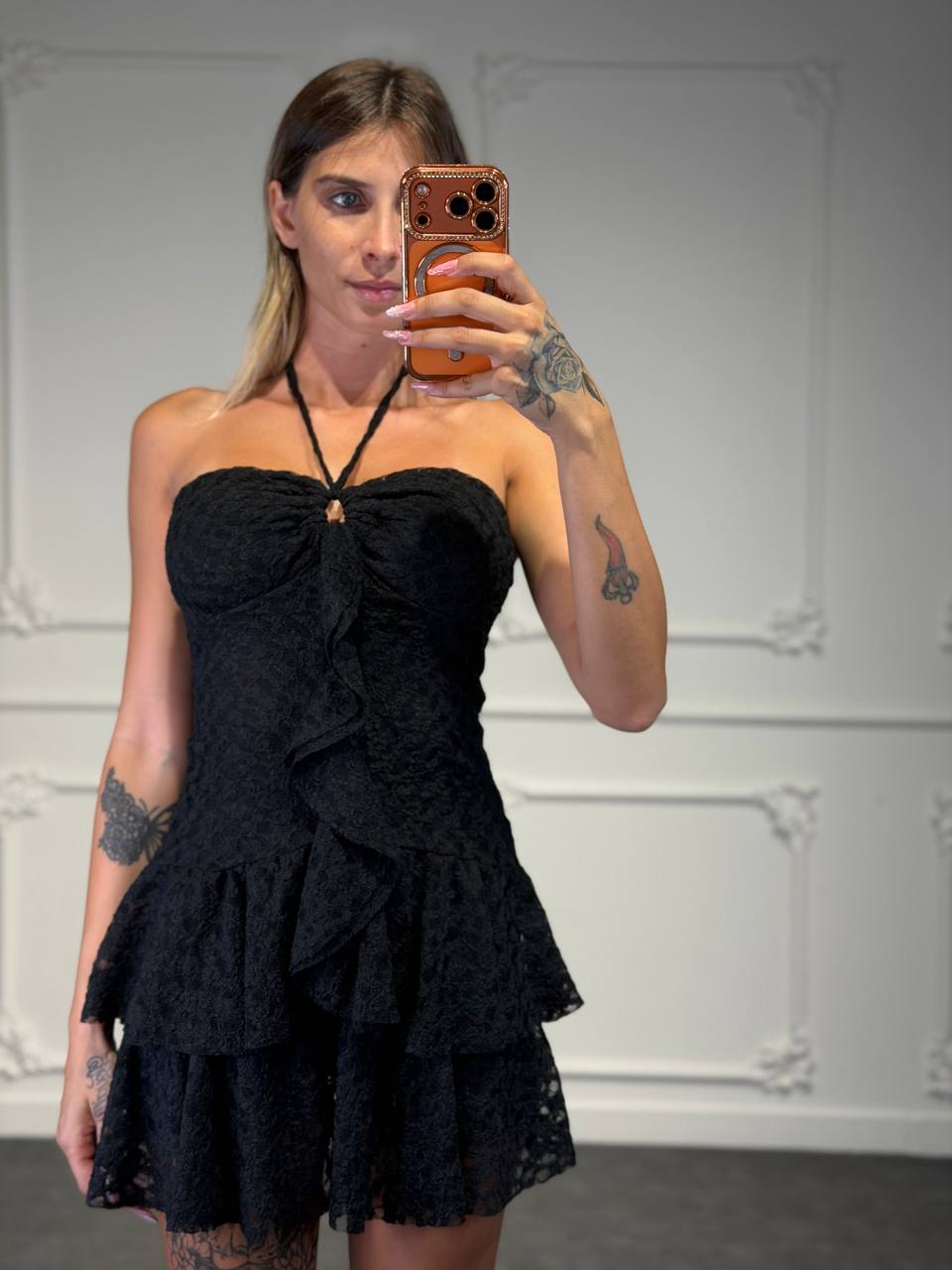abito rose in pizzo con balze - Dverso Fashion