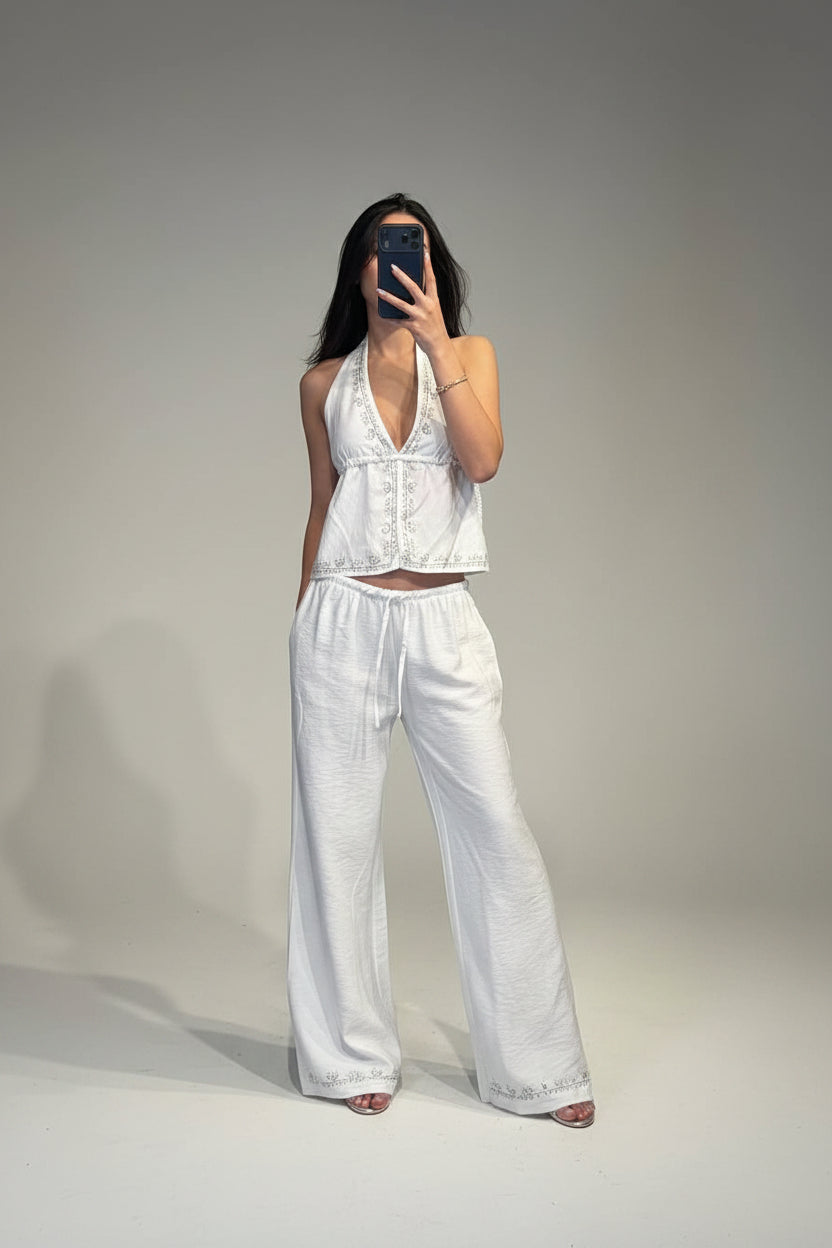 Coordinato Donna Due Pezzi con Top Drappeggiato e Pantaloni Palazzo con Applicazioni - Dverso Fashion