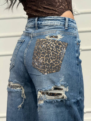 jeans con tasca glitter leopardata - Dverso Fashion