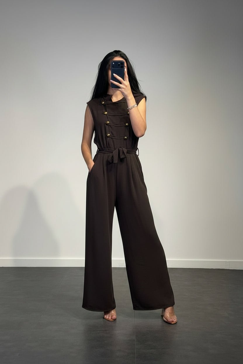 Jumpsuit con Bottoni Decorativi Cintura in Vita e Scollo Coreano - Dverso Fashion