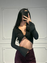 Maglia cropped con nodo frontale e maniche lunghe con polsino - Dverso Fashion