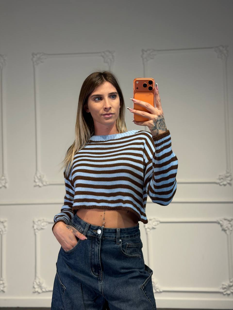 maglia in lana a righe crop - Dverso Fashion