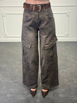 Pantalone cargo in denim a gamba ampia con tasche laterali - Dverso Fashion