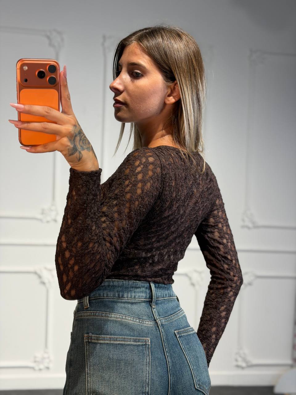 Body in pizzo trasparente con scollo rotondo