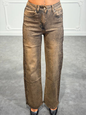 Jeans straight con strass degradé laterali