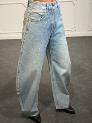 Jeans balloon con strass all-over e dettagli destroyed sul retro