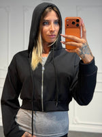 Felpa cropped con cappuccio, zip frontale e maniche lunghe