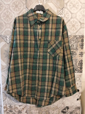 Camicia oversize a quadri con micro strass