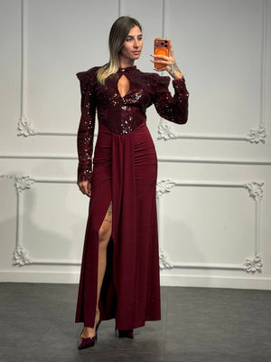 Abito lungo con corpetto in paillettes