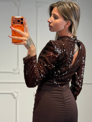 Abito lungo con corpetto in paillettes
