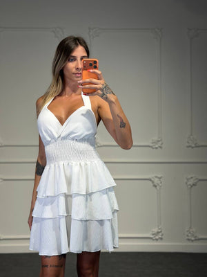 Abito Corto Halter con Vita Elasticizzata e Gonna a Balze