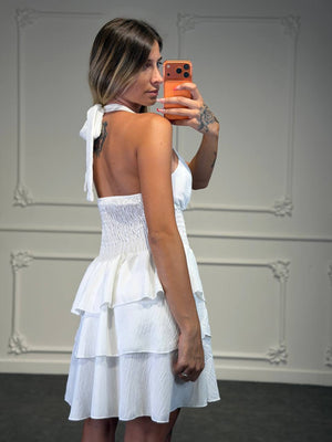 Abito Corto Halter con Vita Elasticizzata e Gonna a Balze