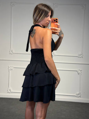 Abito Corto Halter con Vita Elasticizzata e Gonna a Balze