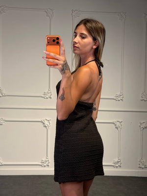 Copricostume Corto in Maglia Traforata con Scollo Halter