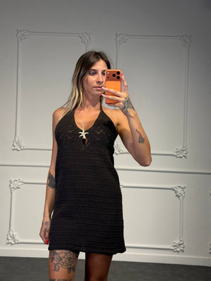 Copricostume Corto in Maglia Traforata con Scollo Halter