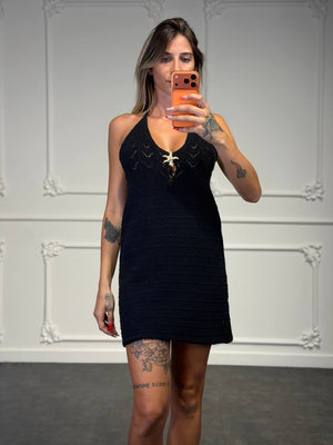 Copricostume Corto in Maglia Traforata con Scollo Halter