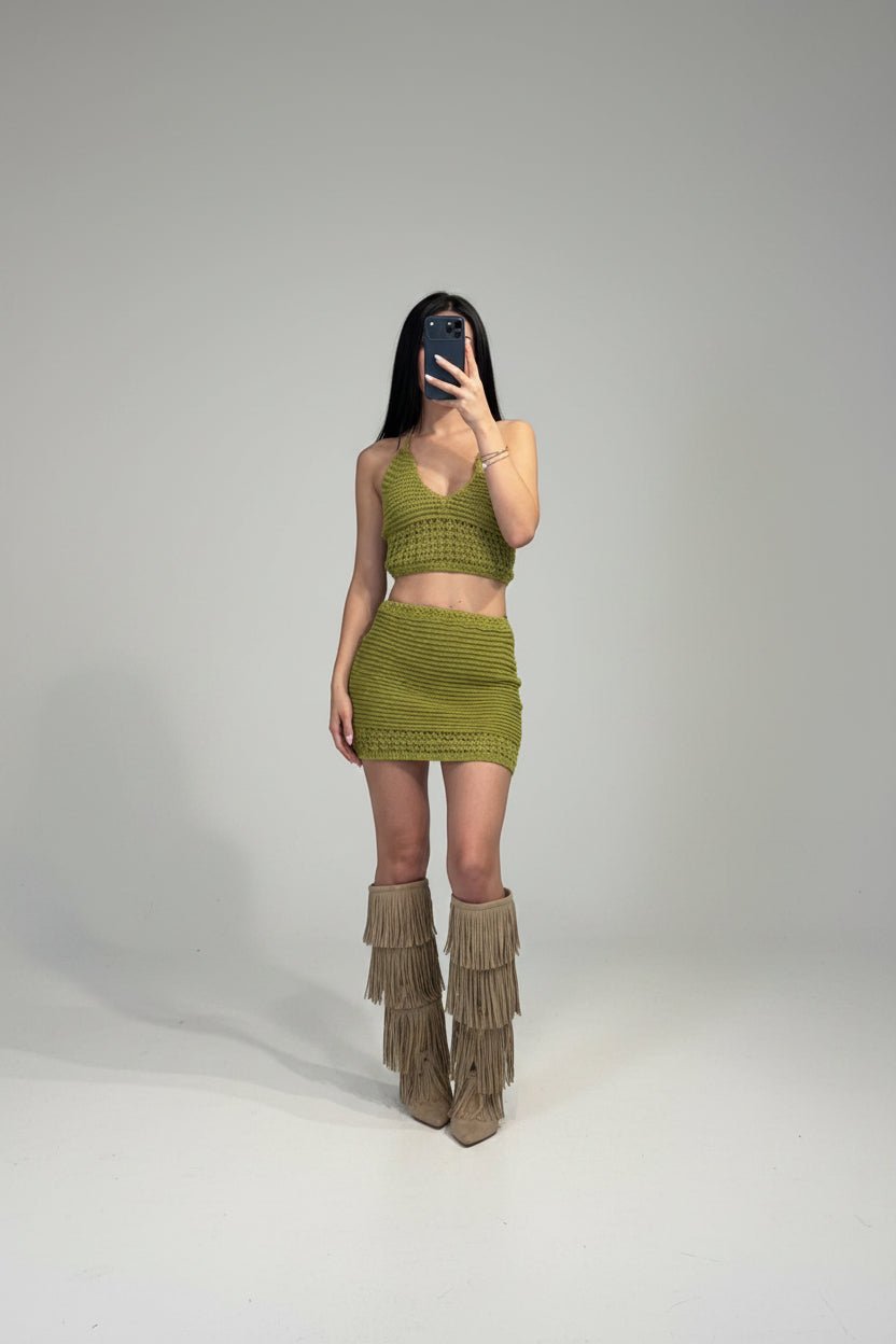 Set copricostume Due Pezzi in Maglia Crochet con Top Allacciato e Gonna Coordinat - Dverso Fashion