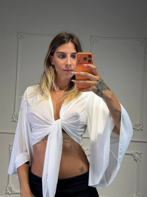 Top Crop in Raso con Nodo Frontale e Maniche Kimono - Dverso Fashion