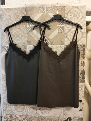 top in pelle con scollatura in pizzo - Dverso Fashion