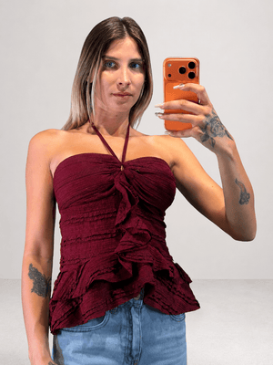 top martina in cotone ricamato e balze - Dverso Fashion
