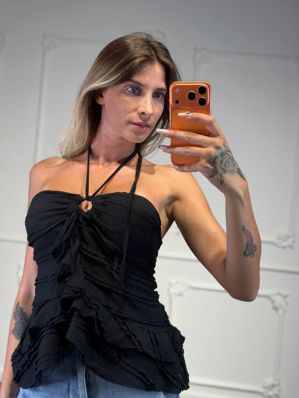 top martina in cotone ricamato e balze - Dverso Fashion