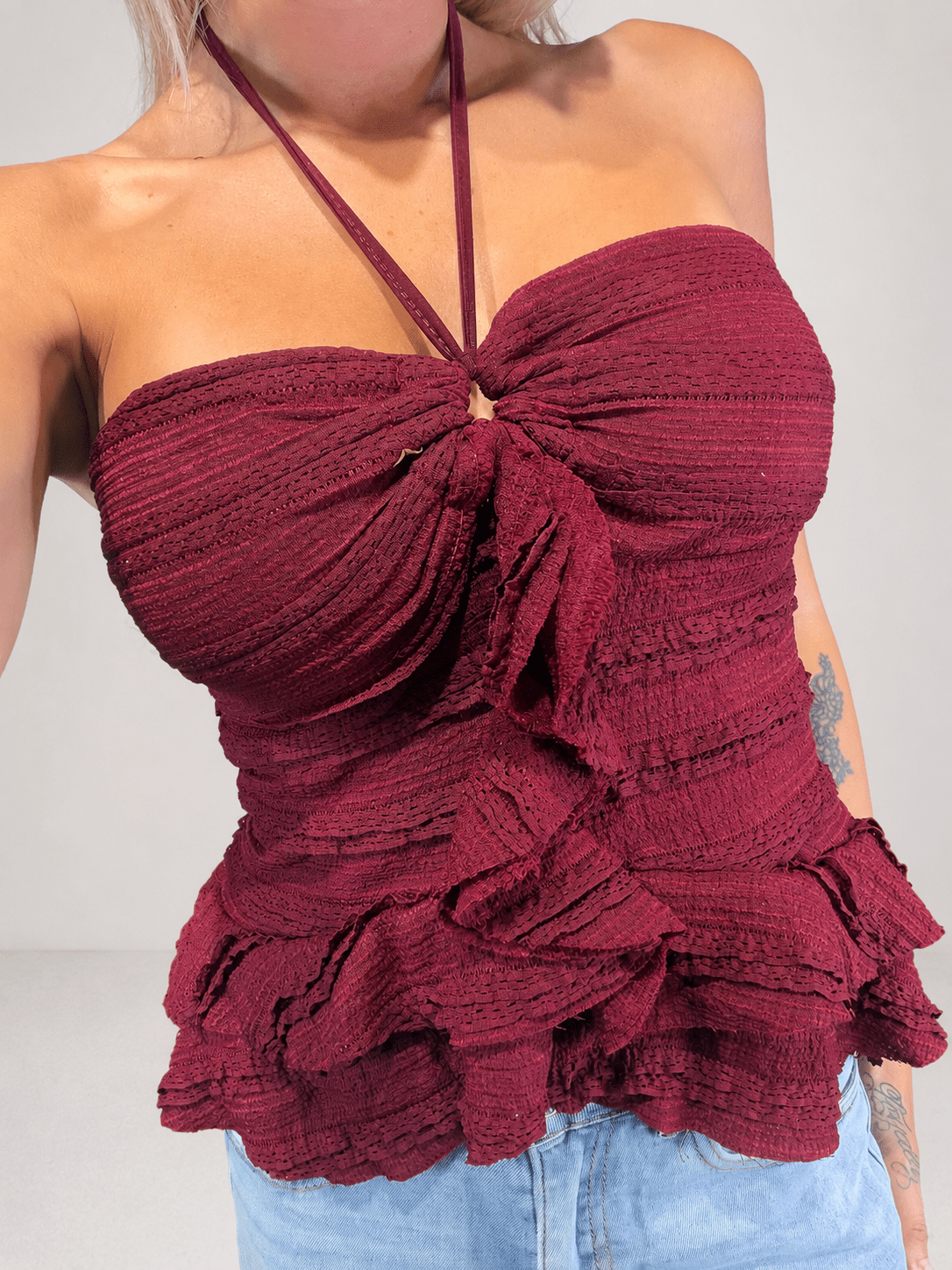 top martina in cotone ricamato e balze - Dverso Fashion