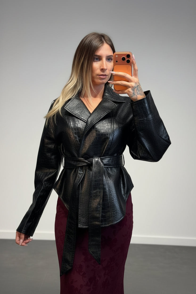 trench in pelle corto pitonato - Dverso Fashion